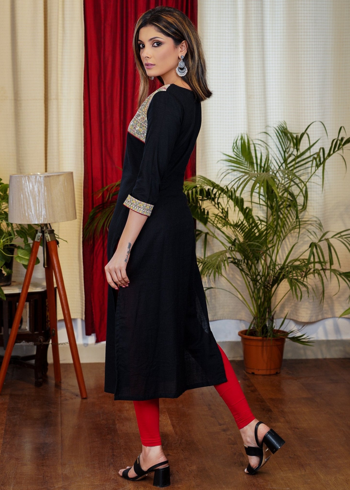 Elegant Straight Cut Black Cotton Kurta With Exclusive Madhubani Print