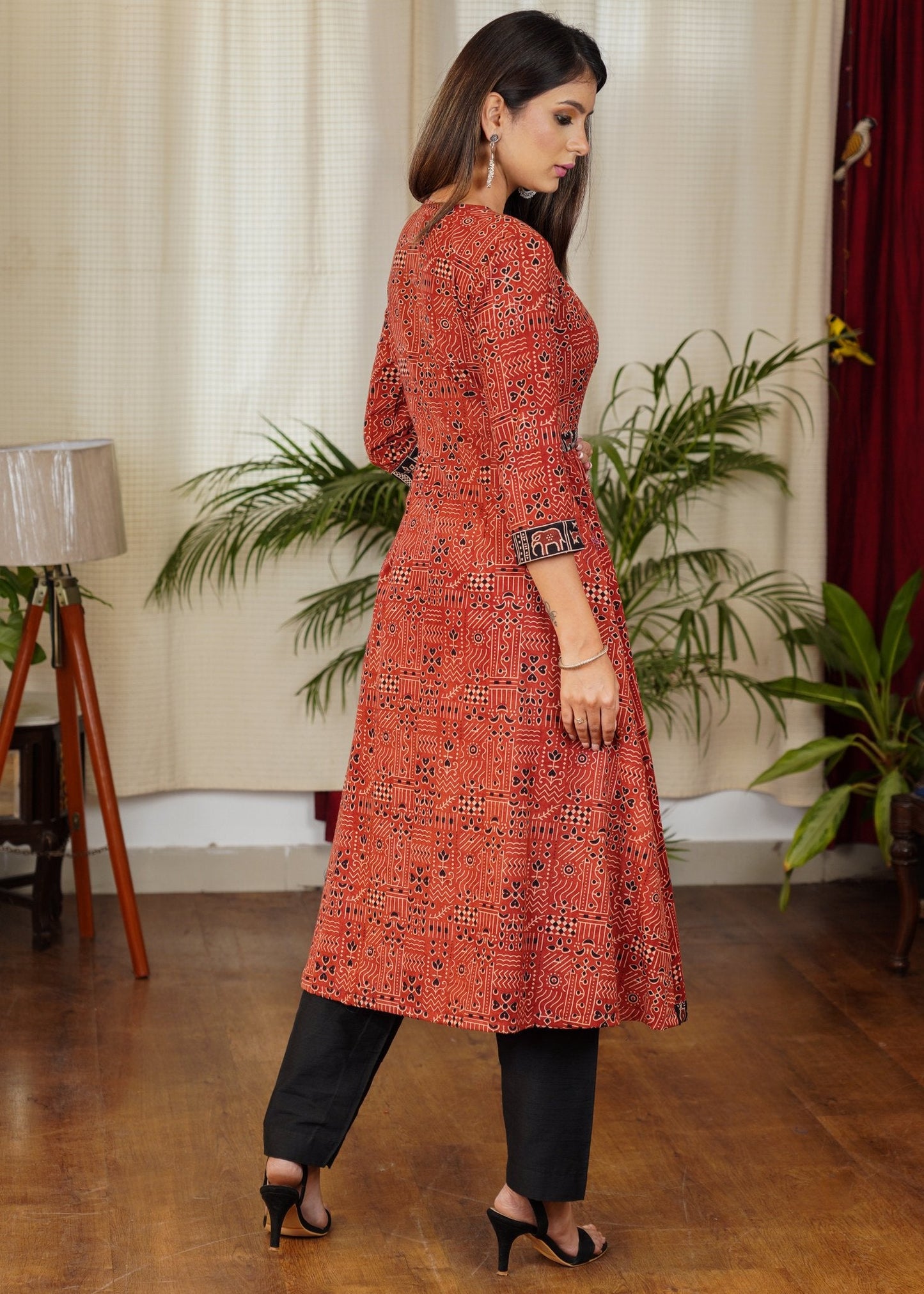 Stylish Ajrakh Combination Kurta With Beautiful Buttons