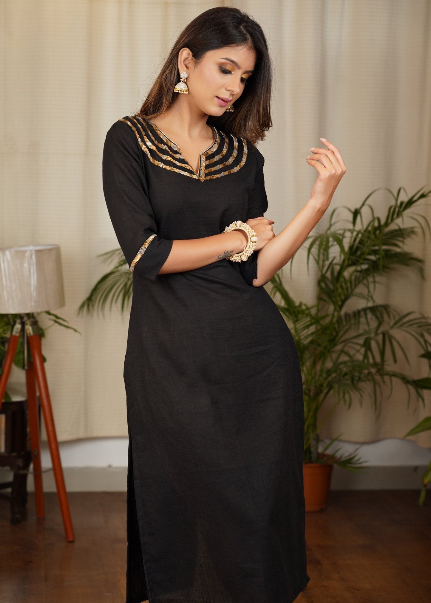 Elegant Black Straight Cut Cotton Kurta with beautiful Hand work of Subtle Gold long Glass Beads