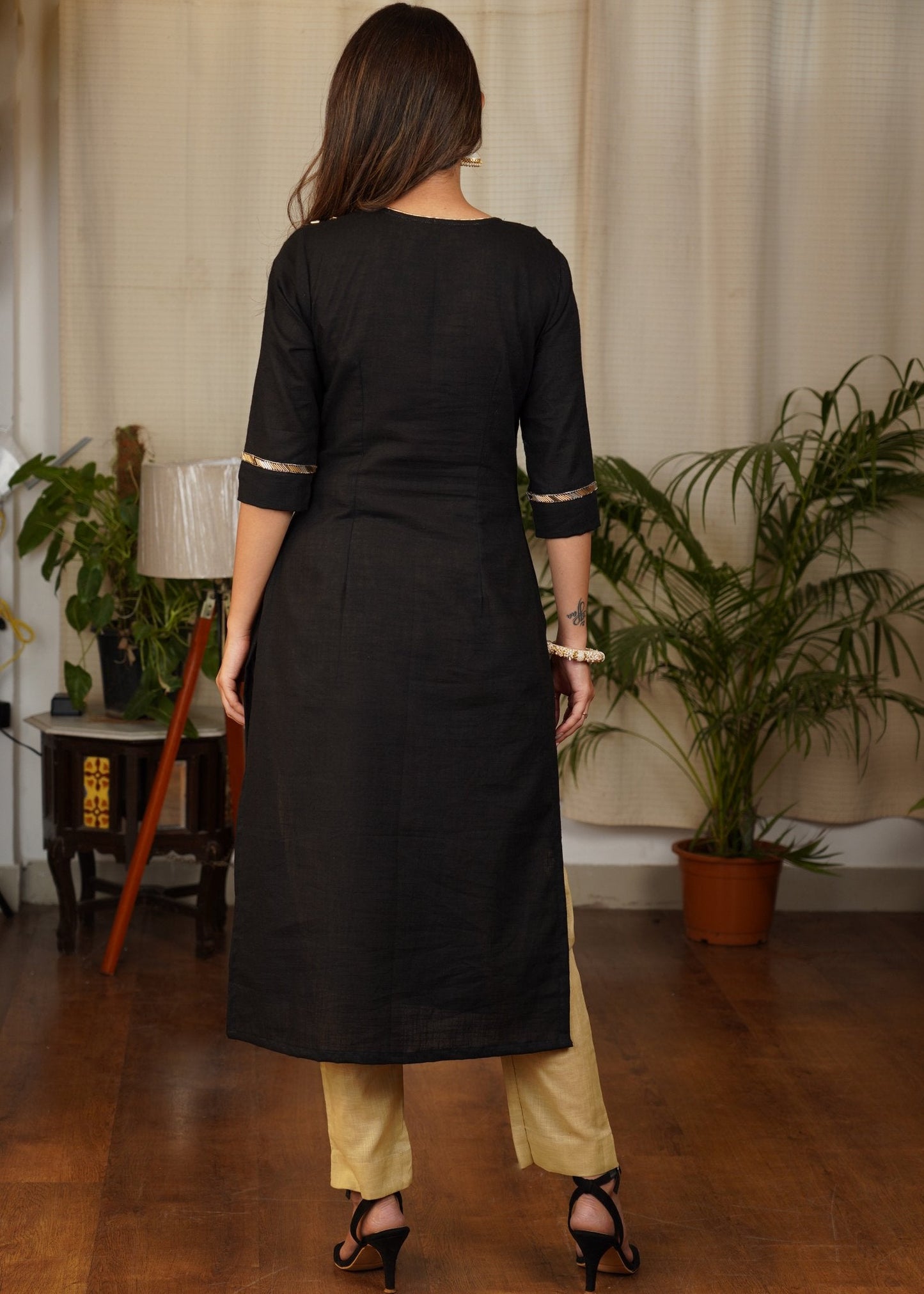 Elegant Black Straight Cut Cotton Kurta with beautiful Hand work of Subtle Gold long Glass Beads