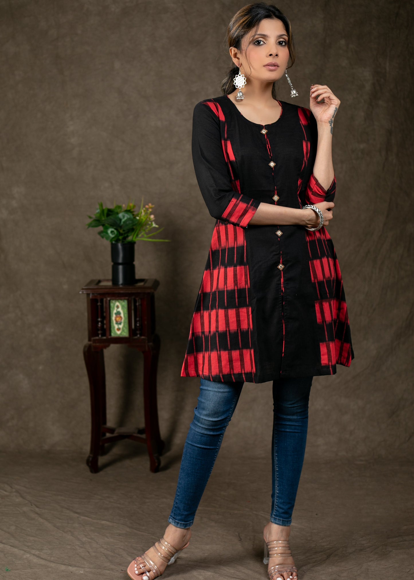 Trendy Double Ikat Combination Cotton Tunic with Wooden Button