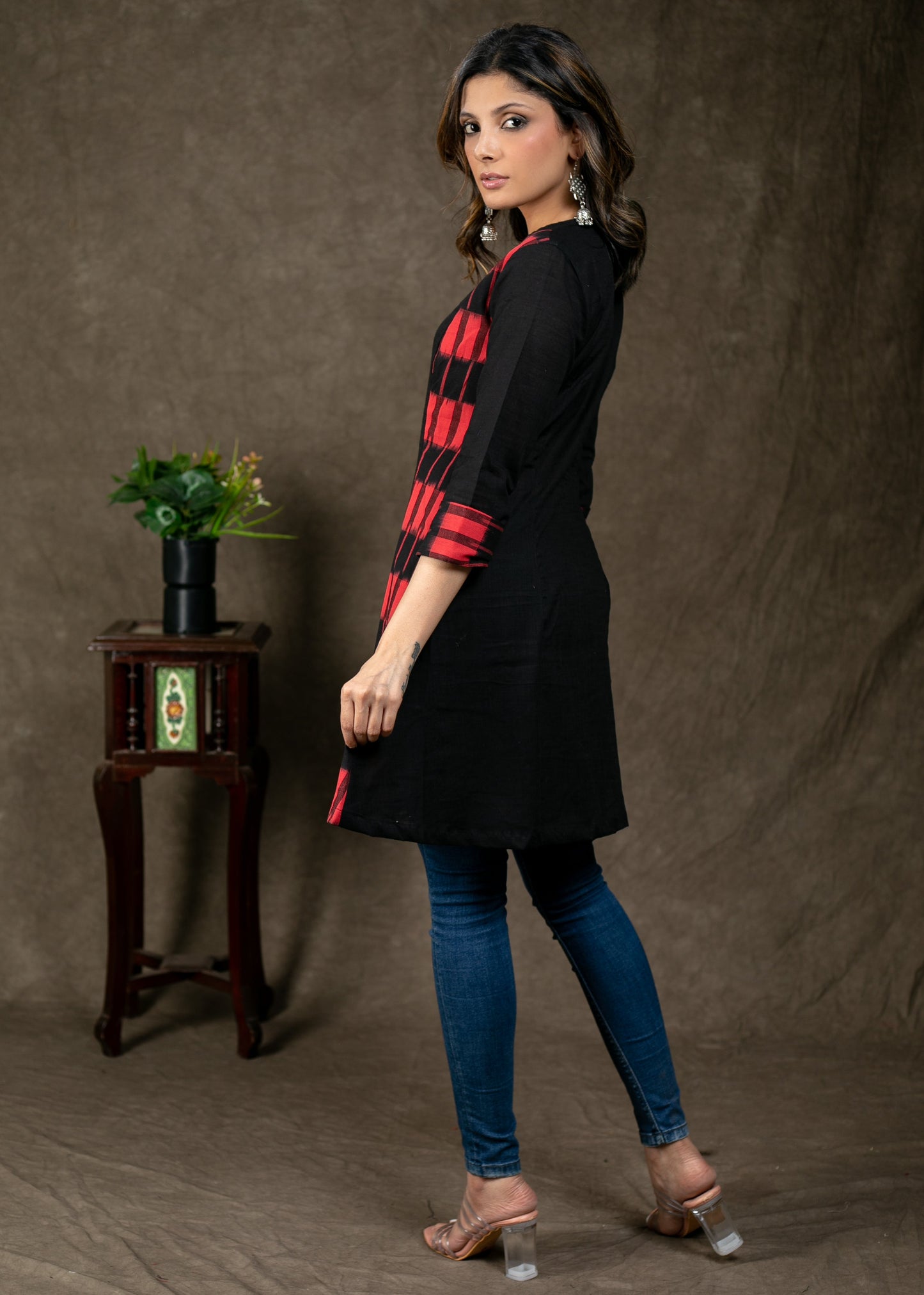 Trendy Double Ikat Combination Cotton Tunic with Wooden Button