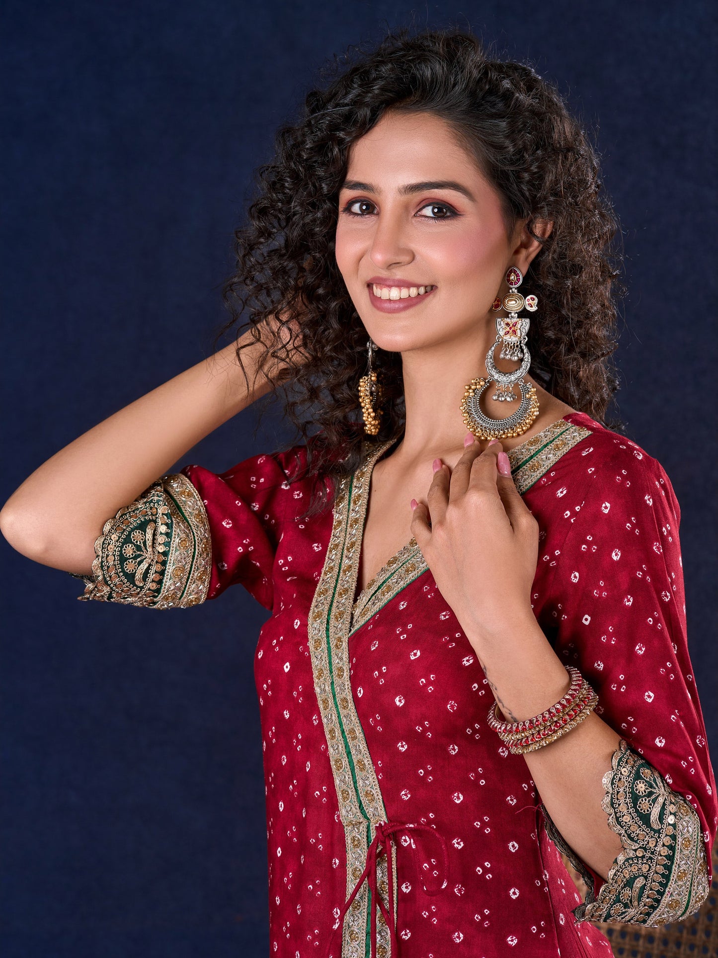 Heritage Maroon Bandhani A-Line Angarkha Gown with Minimal Lace Embellishment & Statement Tassels