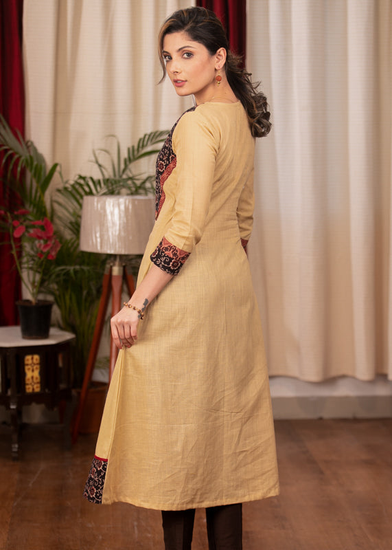 A-Line Beige Handloom Cotton Kurta with Ajrakh Yoke and border