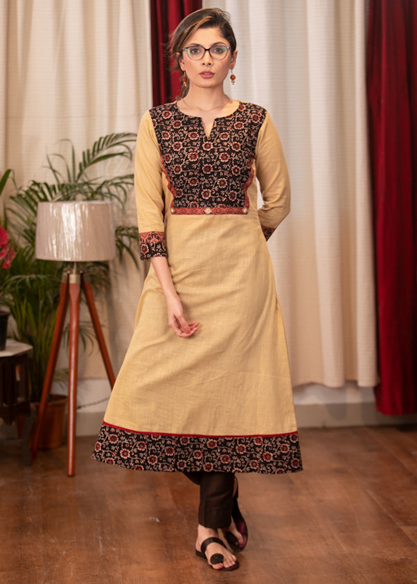 A-Line Beige Handloom Cotton Kurta with Ajrakh Yoke and border