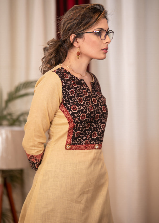 A-Line Beige Handloom Cotton Kurta with Ajrakh Yoke and border