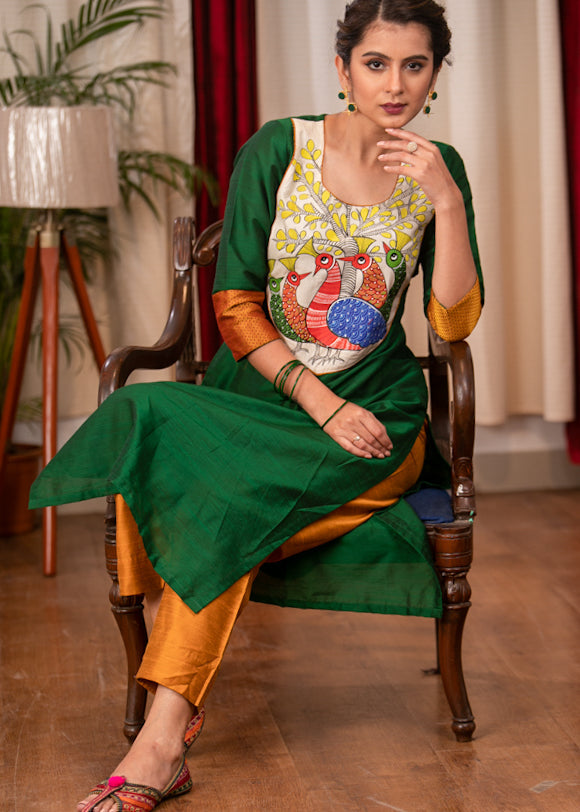 Straight Cut Forest Green Cotton Silk Kurta with Beautiful Gond Painting on the Yoke and Khun Sleeves