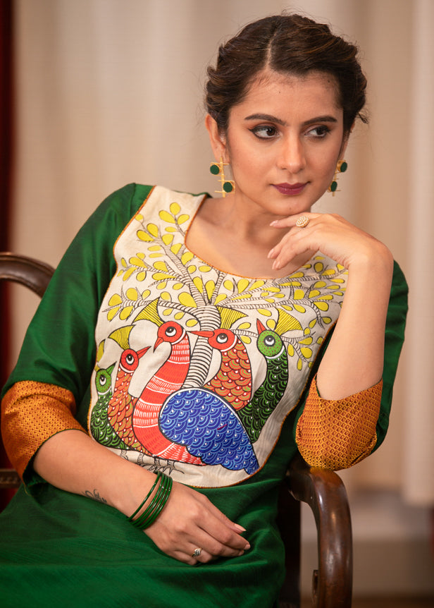 Straight Cut Forest Green Cotton Silk Kurta with Beautiful Gond Painting on the Yoke and Khun Sleeves