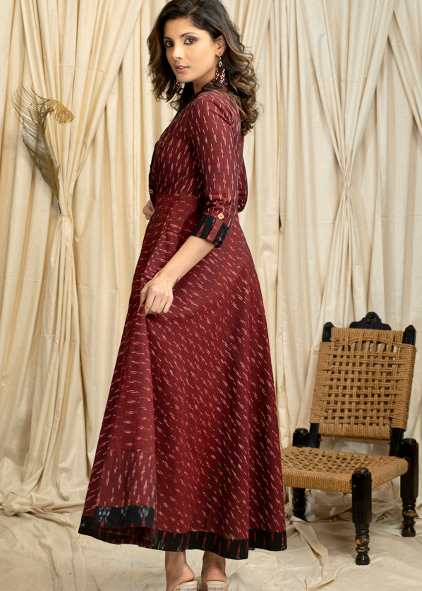 Trendy Occasion wear Maroon Ikat Cotton Gown