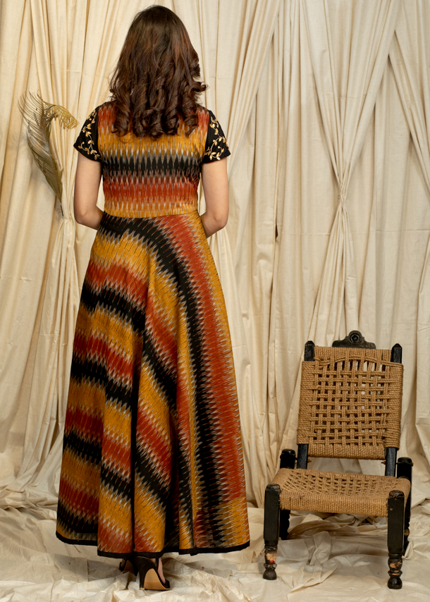 Exclusive Multicoloured Ikat Gown With Beautiful Handmade Gota Patti Work