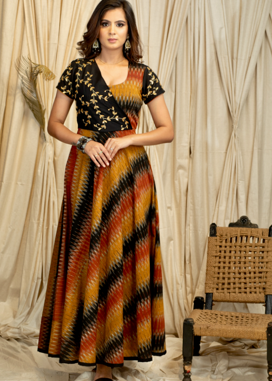 Exclusive Multicoloured Ikat Gown With Beautiful Handmade Gota Patti Work