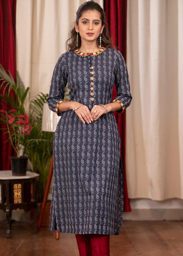 A - Line Blue Cotton Handloom textured Kurta with Hand made kutch Mirror work on the Neck & Sleeves