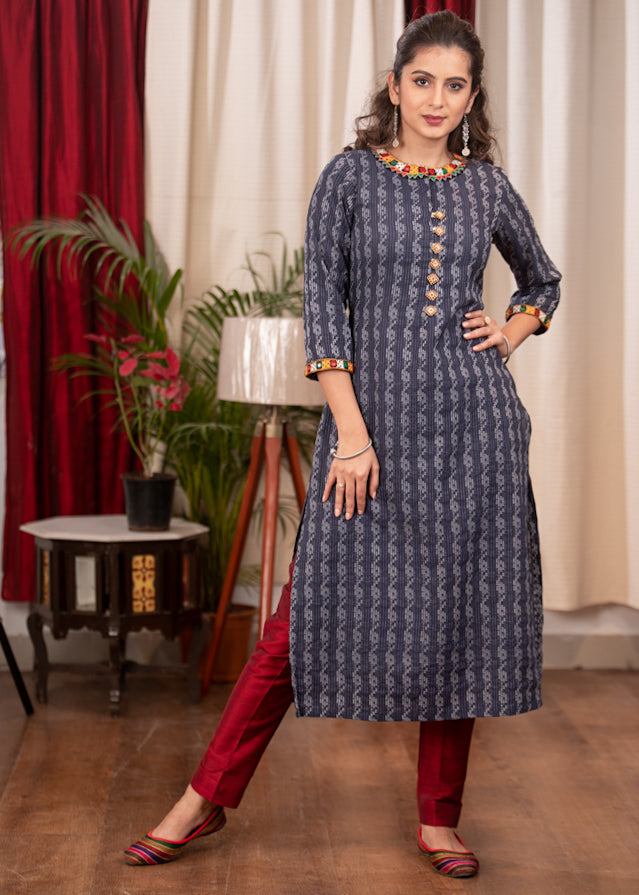 A - Line Blue Cotton Handloom textured Kurta with Hand made kutch Mirror work on the Neck & Sleeves