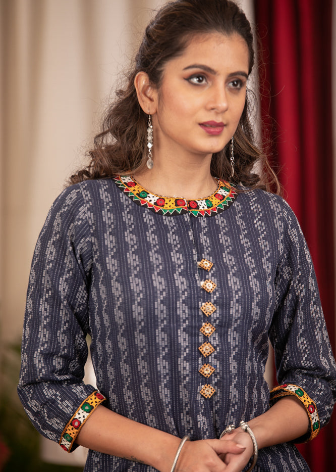A - Line Blue Cotton Handloom textured Kurta with Hand made kutch Mirror work on the Neck & Sleeves