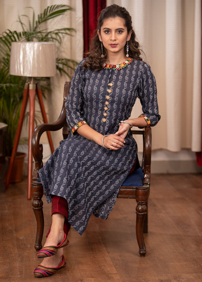 A - Line Blue Cotton Handloom textured Kurta with Hand made kutch Mirror work on the Neck & Sleeves