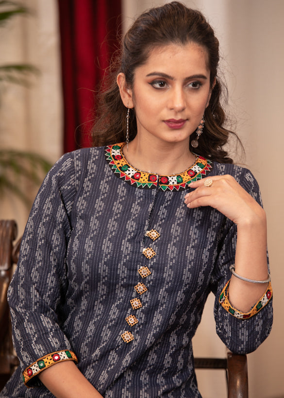 A - Line Blue Cotton Handloom textured Kurta with Hand made kutch Mirror work on the Neck & Sleeves