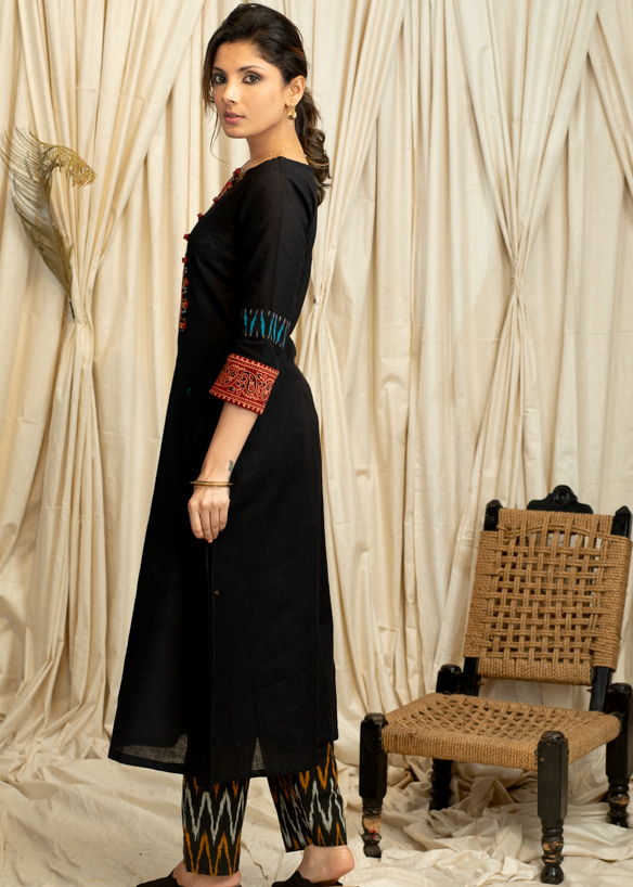 A-Line Cotton Handloom Kurta with Ajrakh and Ikat Combination Yoke