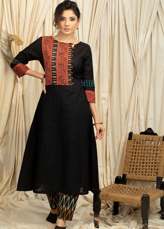 A-Line Cotton Handloom Kurta with Ajrakh and Ikat Combination Yoke