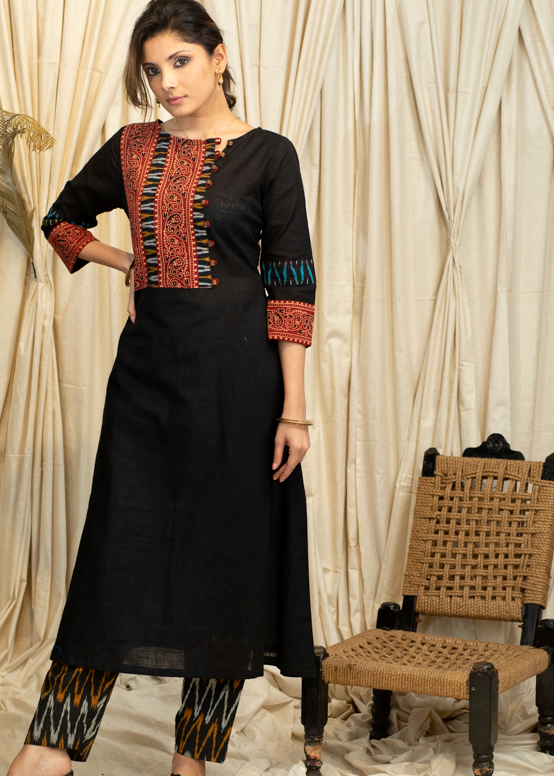 A-Line Cotton Handloom Kurta with Ajrakh and Ikat Combination Yoke