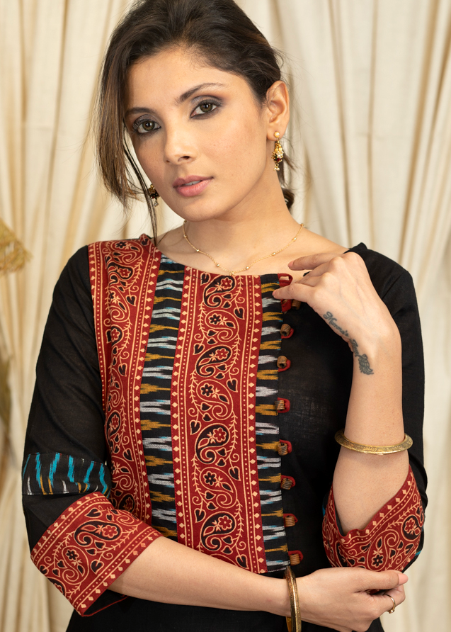 A-Line Cotton Handloom Kurta with Ajrakh and Ikat Combination Yoke