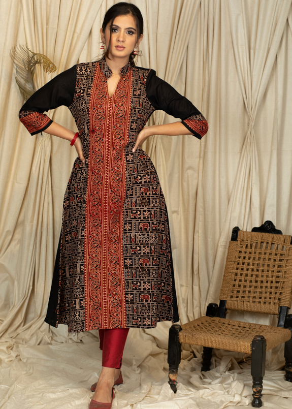 A - line Ajrakh Combination Kurta in Animal Print