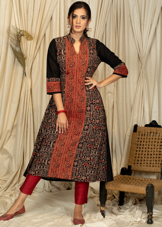 A - line Ajrakh Combination Kurta in Animal Print