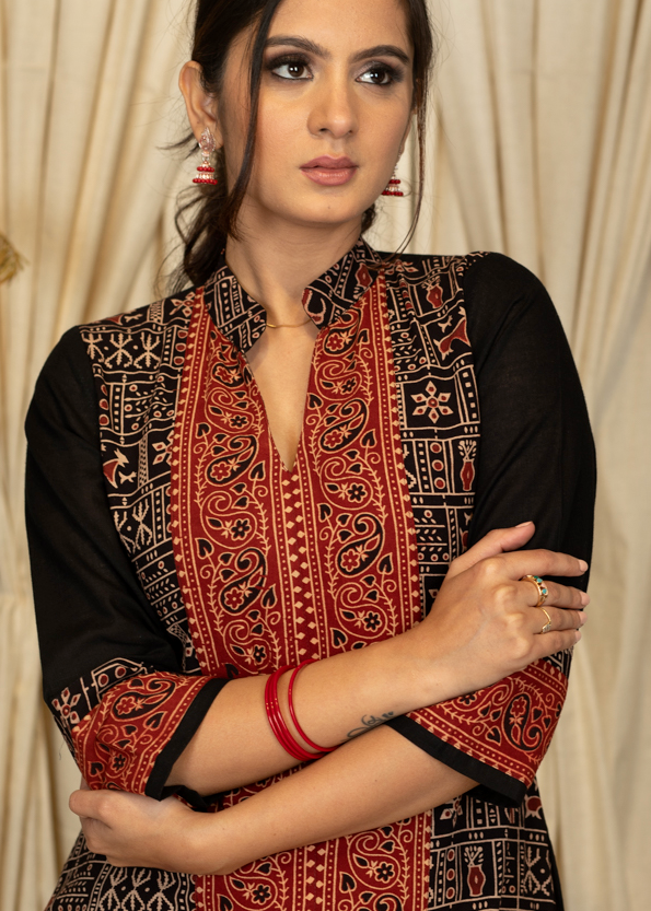 A - line Ajrakh Combination Kurta in Animal Print