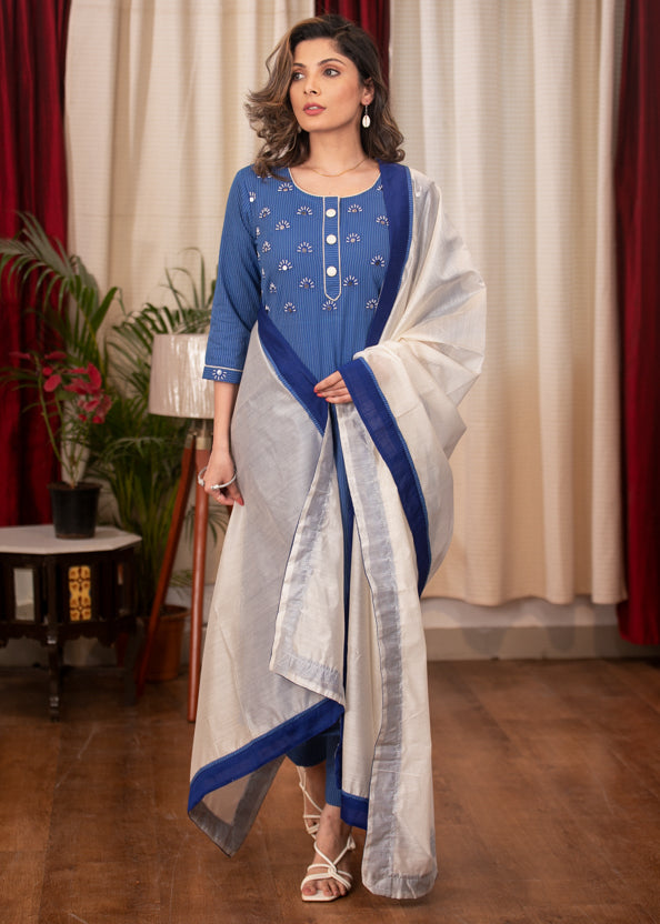 Straight Cut Self structured Blue Cotton Handloom Kurta with Graceful hand embroiderd yokee & Chanderi Dupatta - 2 Piece