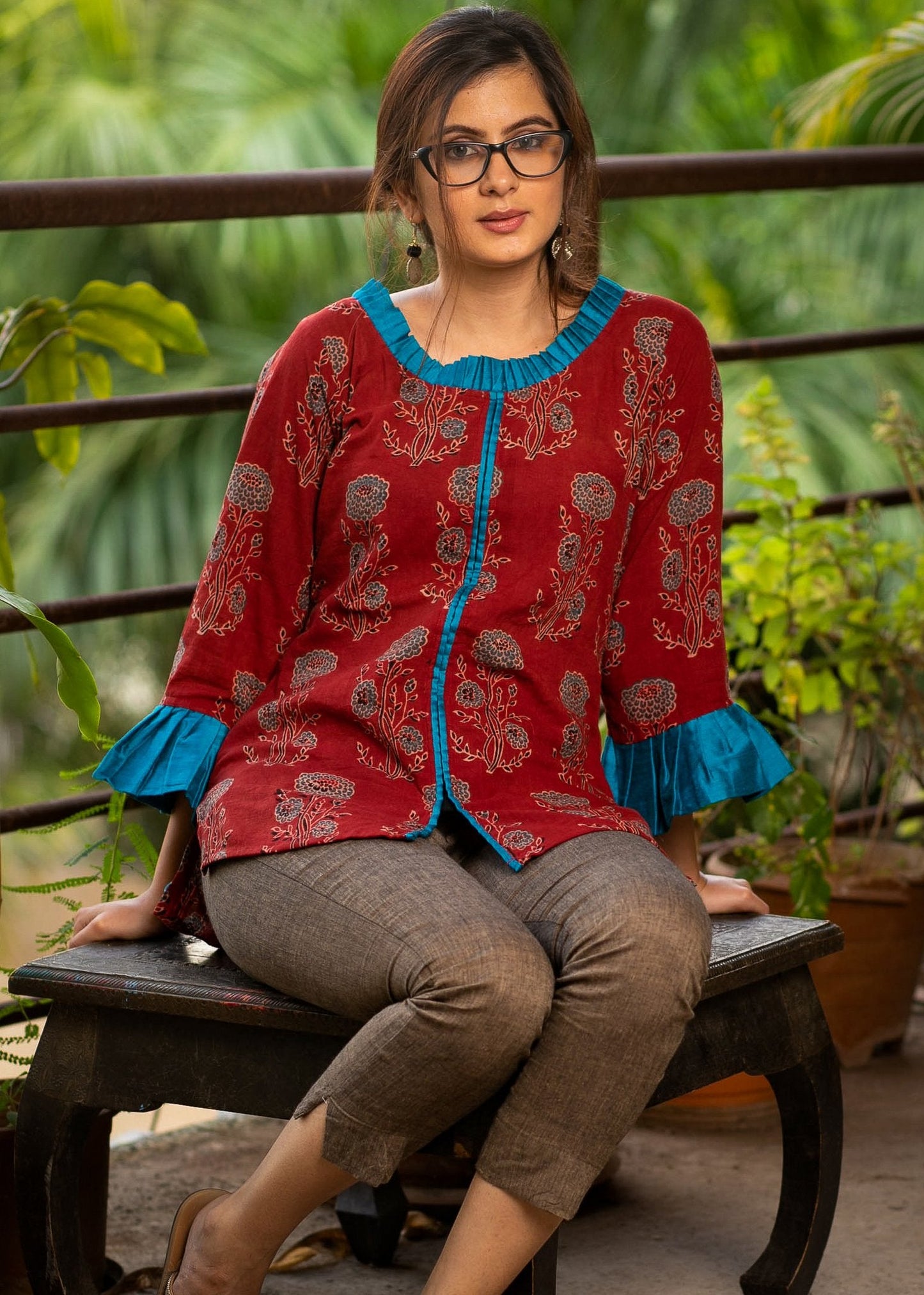 Exclusive maroon block printed Ajrakh top