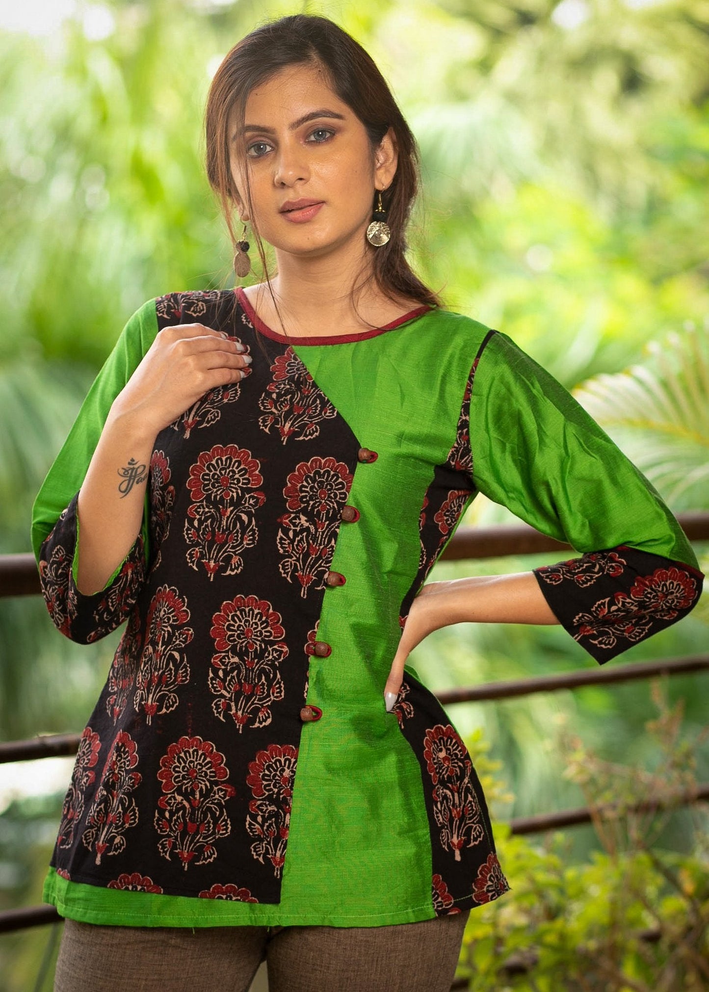 Green Ajrakh combination cotton silk top