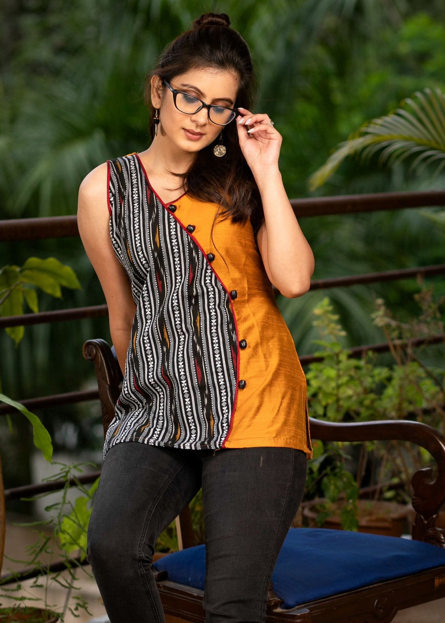 Exclusive ikat & mustard cotton silk combination top