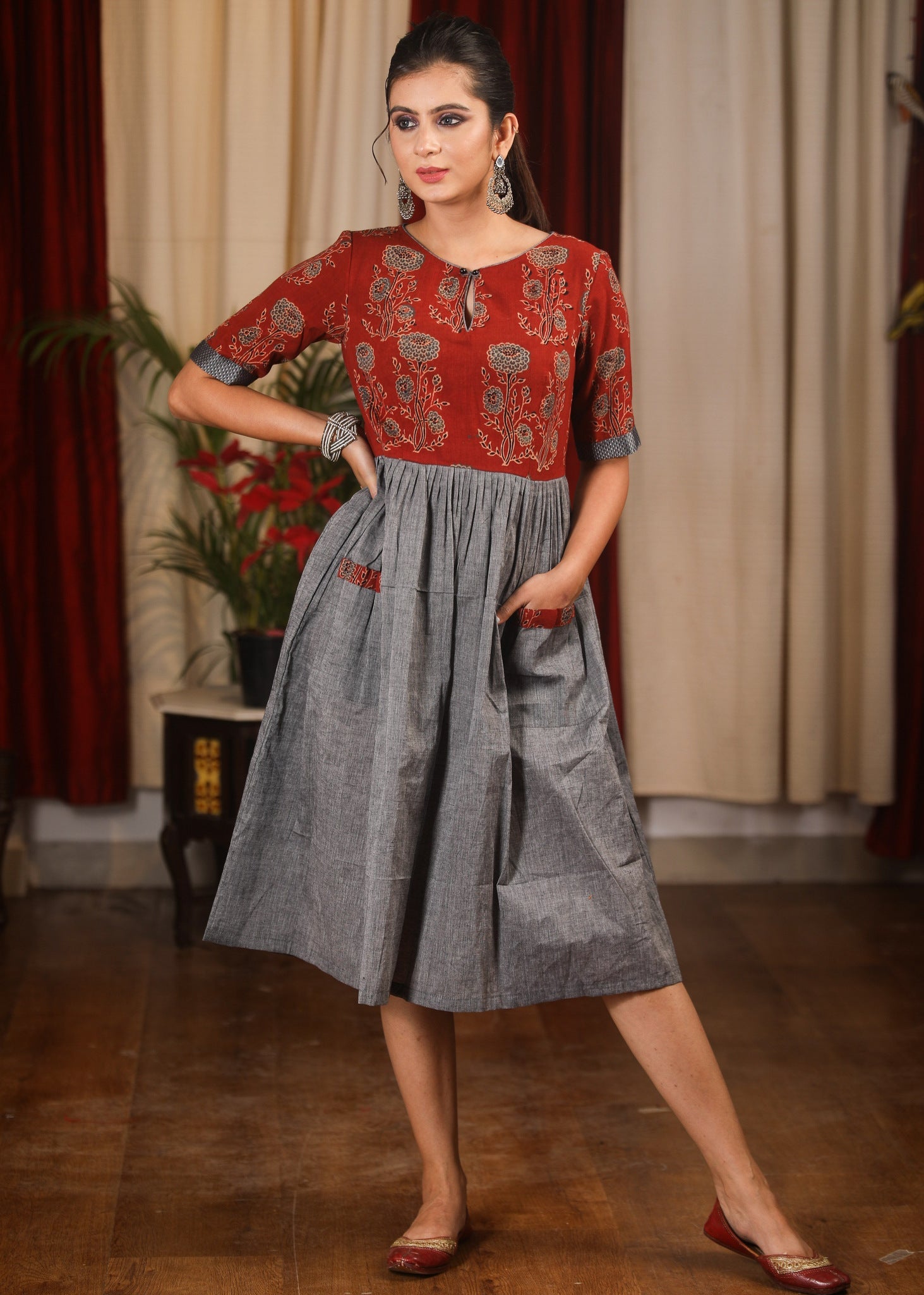 Grey & maroon Ajrakh block printed combination one piece dress – SujatraCA