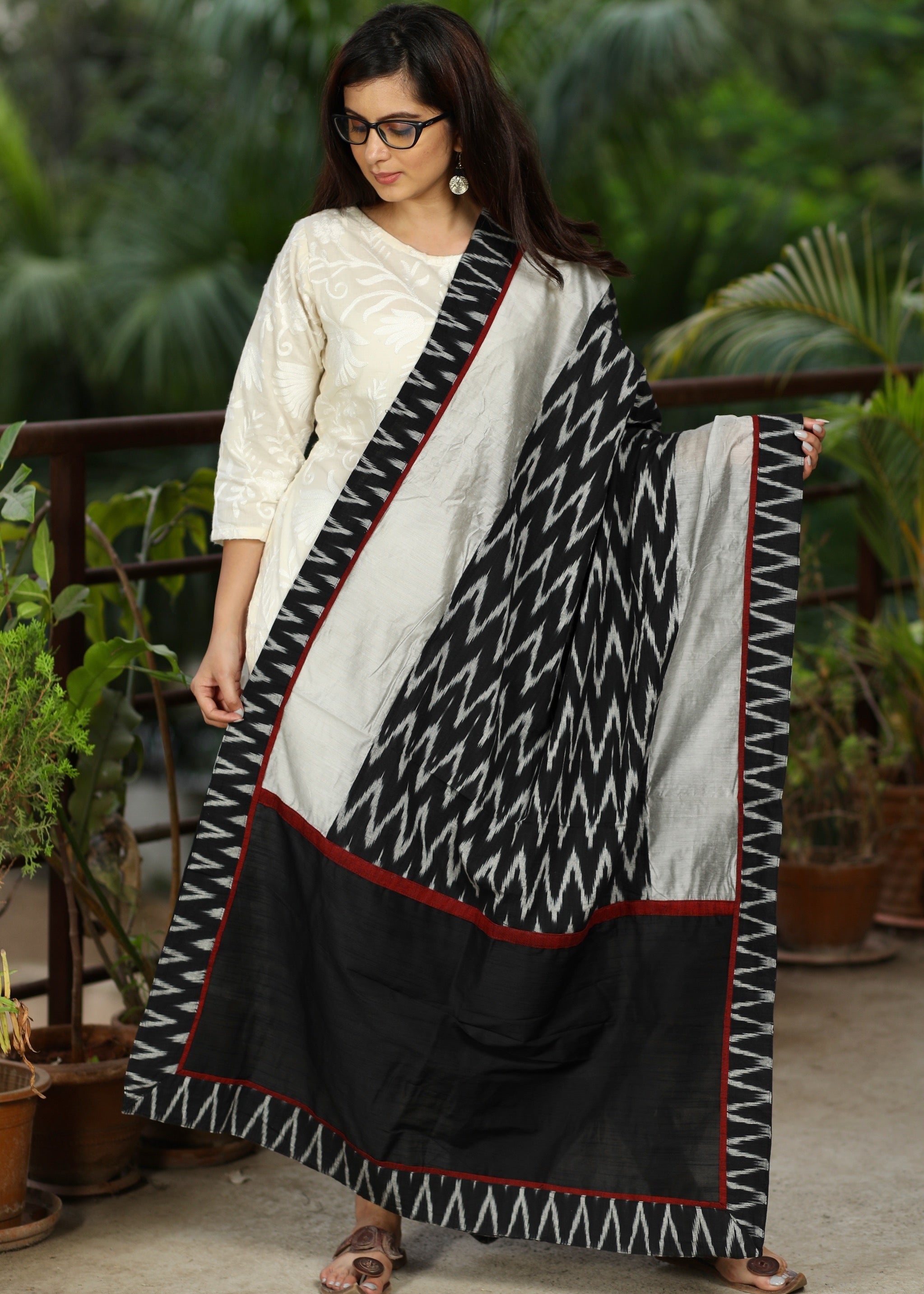 Grey - Ranihati Chanderi Silk Zig Zag Hand Embroidery Dupatta 43