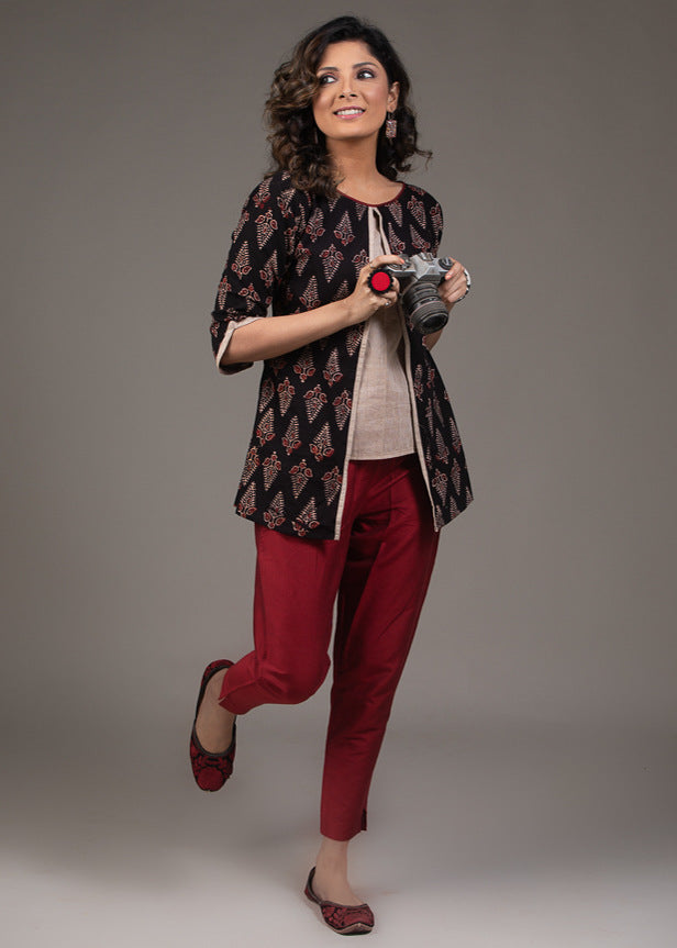 Cotton black Ajrakh printed layered top