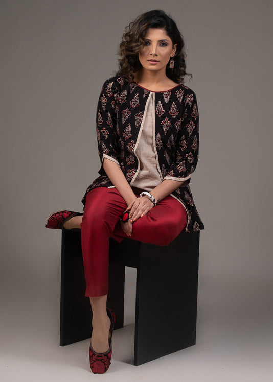 Cotton black Ajrakh printed layered top
