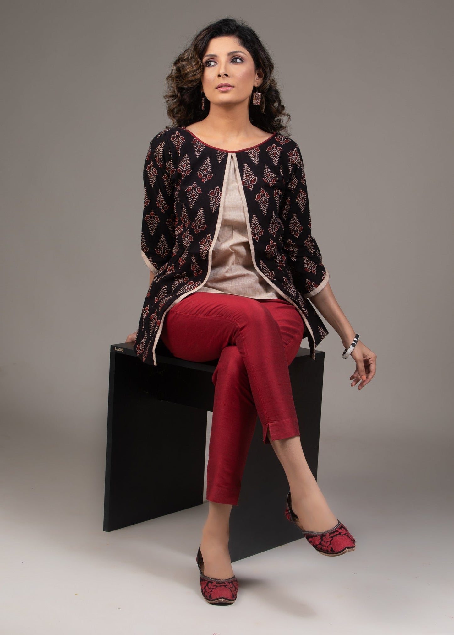 Cotton black Ajrakh printed layered top