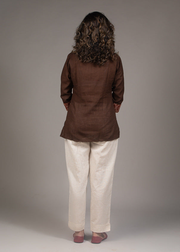 Brown cotton slub embroidered top