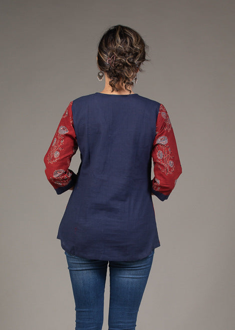 Red floral Ajrakh block print cotton overlap top with hand crafted button