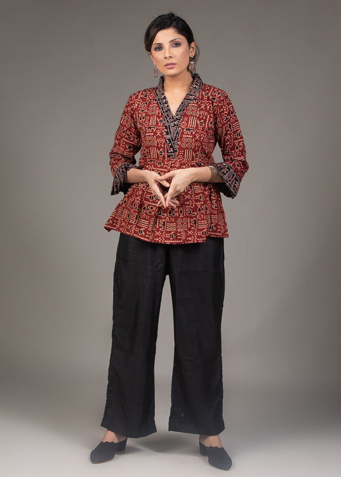 Maroon exclusive Ajrakh printed pleated gathered sleeves top