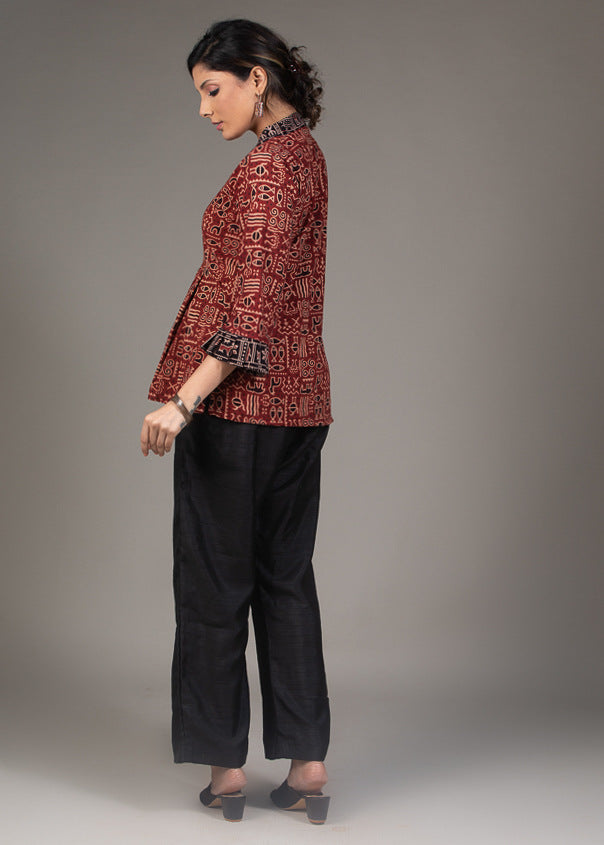 Maroon exclusive Ajrakh printed pleated gathered sleeves top