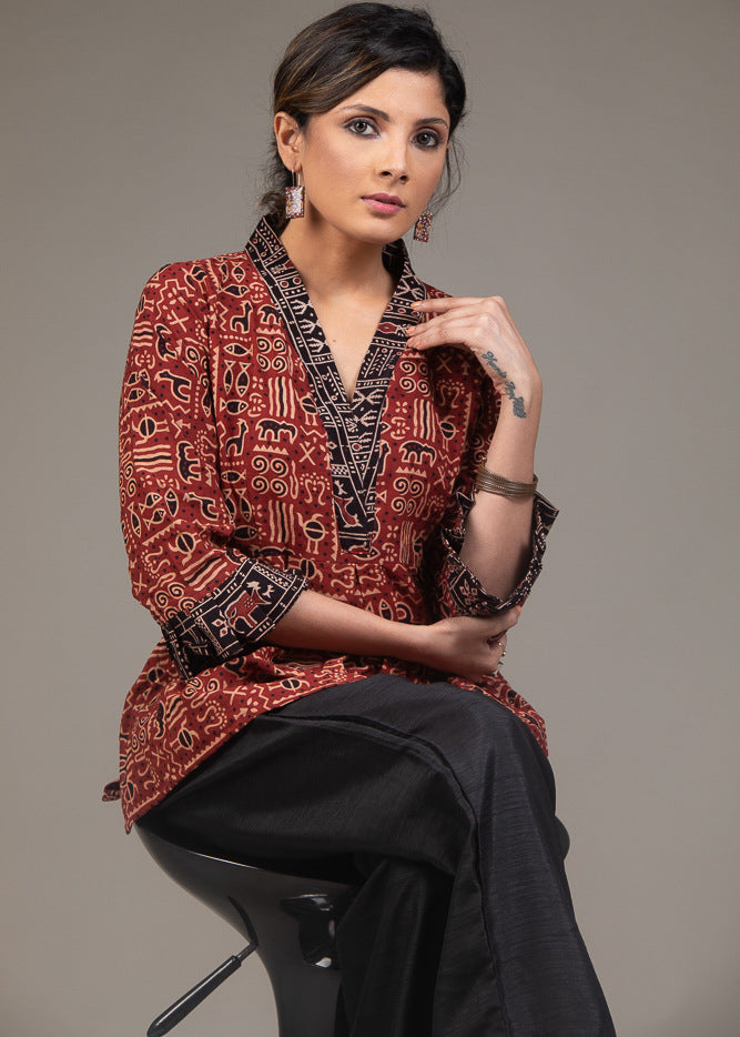 Maroon exclusive Ajrakh printed pleated gathered sleeves top