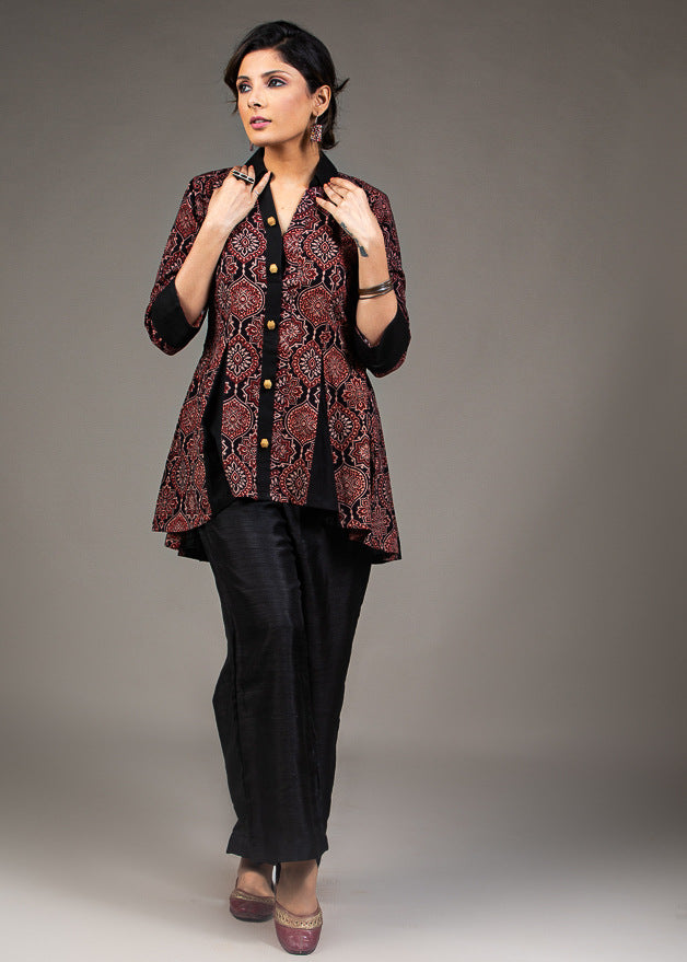 Maroon black all over Ajrakh printed high low inserted black pleated top