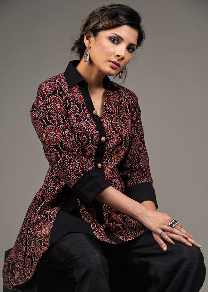 Maroon black all over Ajrakh printed high low inserted black pleated top