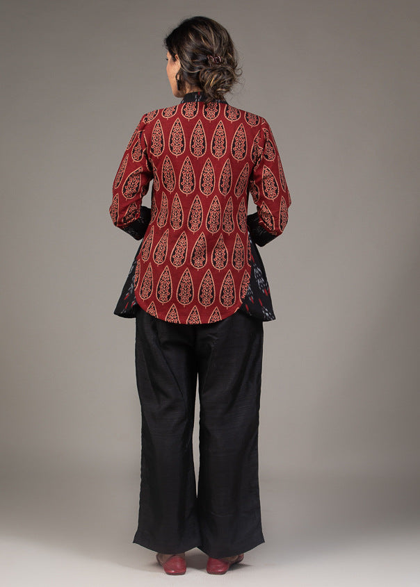 Maroon black Chinese collar roll up Ikat sleeve top