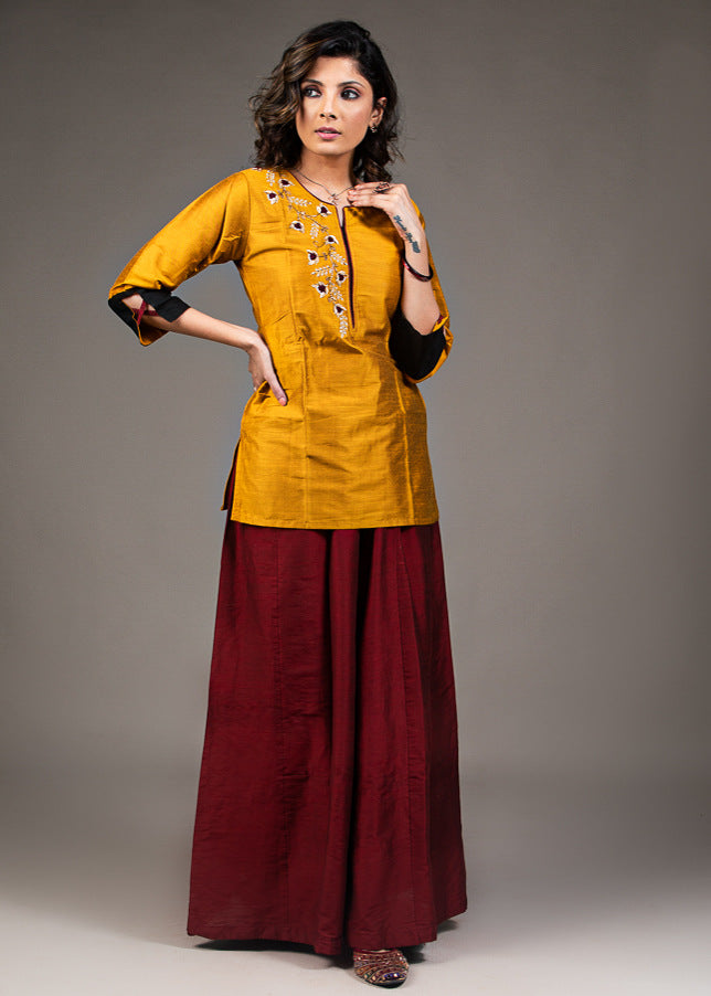 Exclusive mustard cotton top with hand embroidered zardosi embroidery