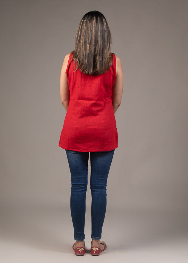 Red zari embroidered festive chineese collar cotton top