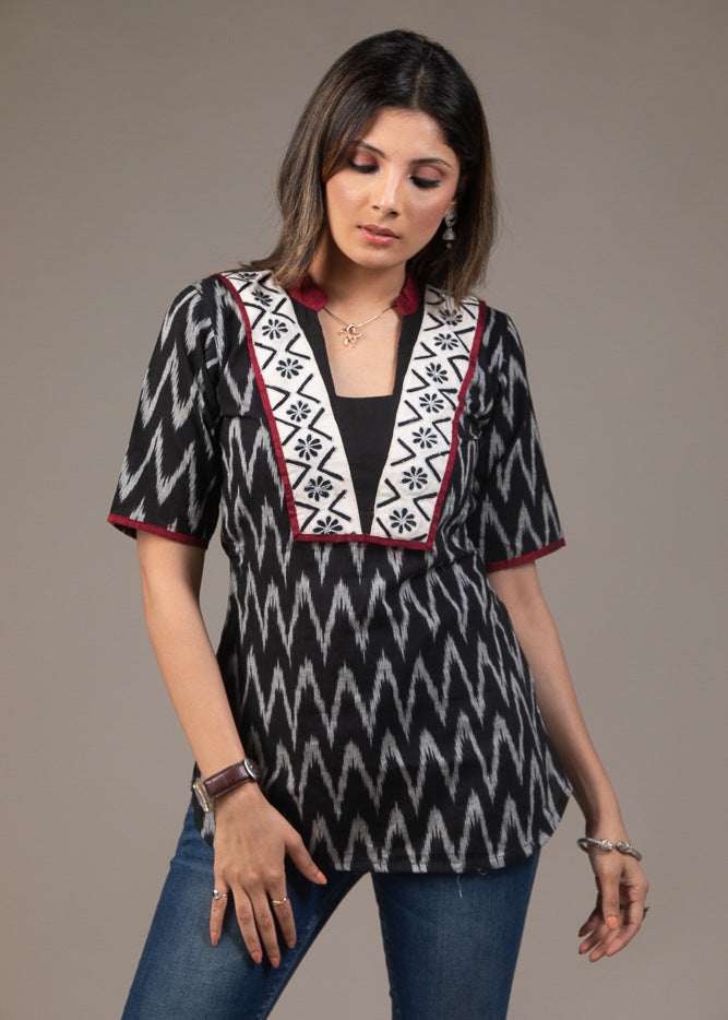 Exclusive black zig zag Ikat embroidered top