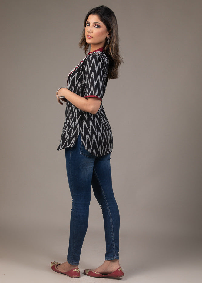 Exclusive black zig zag Ikat embroidered top