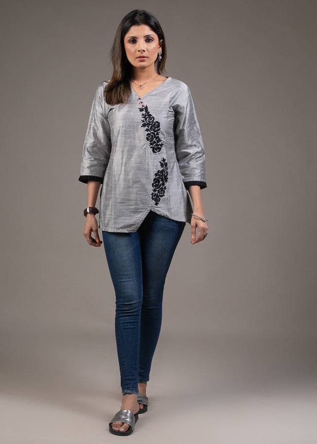 Grey cotton silk embroidered top