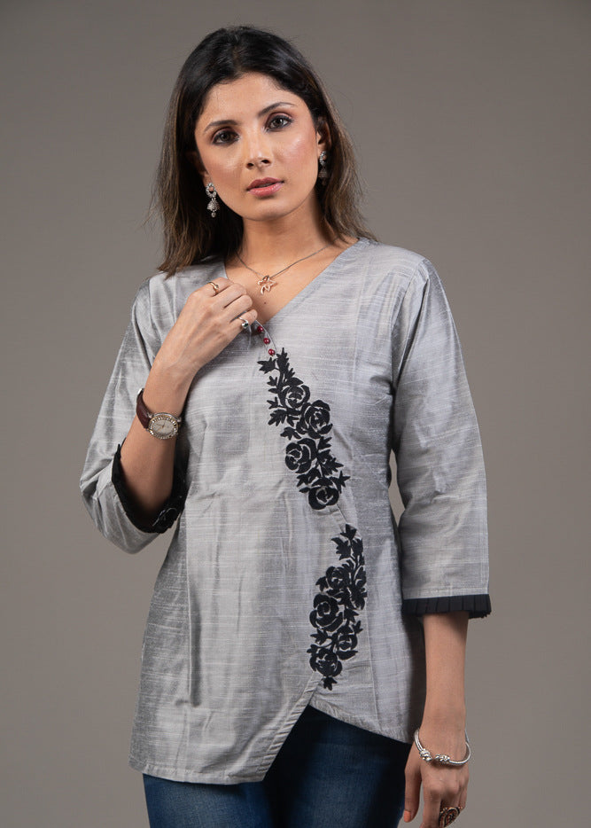 Grey cotton silk embroidered top